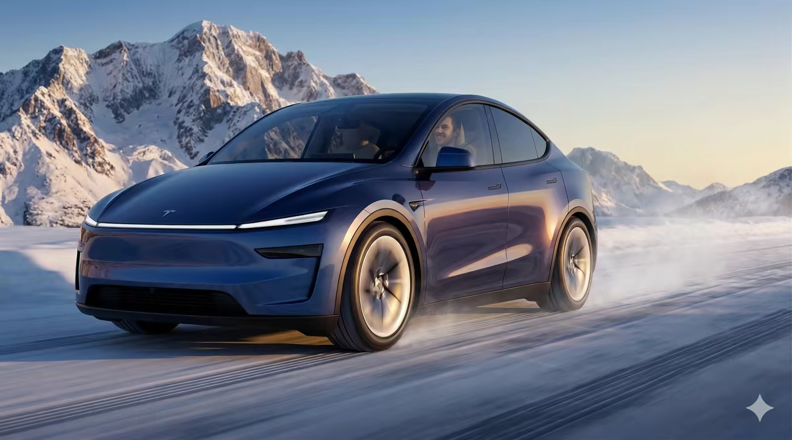 Tesla azul circulando entre montañas nevadas